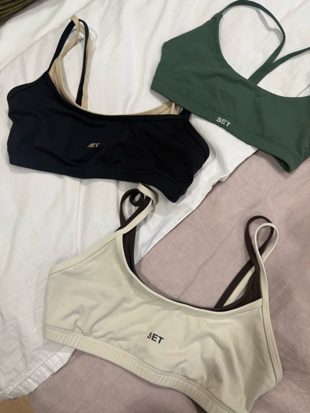 SET Active Scoop Bralette Trio in Black, Forest Green & Cream
